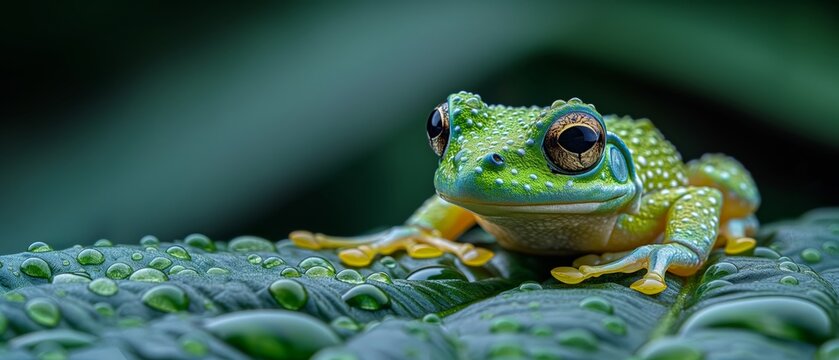 close up green frog with big eyes on green leaf with water droplets on it	
