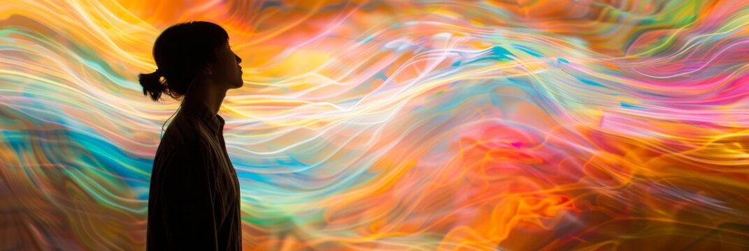 Vibrant abstract waves enveloping a person, illustrating the synesthetic sensation of sound