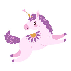 Cute lavender magical unicorn. Romantic magical pony Hand drawn flat style isolated for Greeting card, poster, print, t-shirt, party concept, kids books, wallpapers. Vector illustration