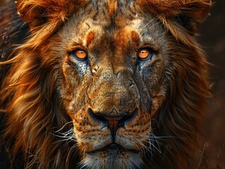 Naklejka premium Majestic Lion Mane Close Up in Serengeti Wilderness - Detailed Capture of Intense Gaze and Individual Hairs