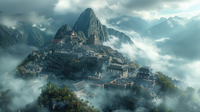 Mystical Morning at Machu Picchu: Panoramic View of Ancient Incan Ruins in Misty Atmosphere - Powered by Adobe