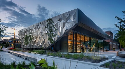contemporary public library exterior featuring geometric patterns of fiber cement siding, enhancing its modern look in an urban setting