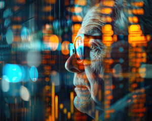 Elderly man's contemplative side profile amidst vivid data visualization, symbolizing the intersection of technology, wisdom, and innovation in a modern digital landscape