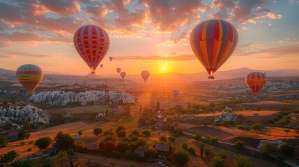 Majestic Sunrise Moment: Colorful Hot Air Balloons Over Goreme, Turkey Inspiring Landscape Panorama View with Textured Balloons