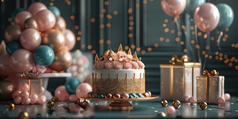 Photography: Ultra-detailed image of a luxurious birthday dessert table with gold-themed decorations, ideal for high-end events and celebrations.