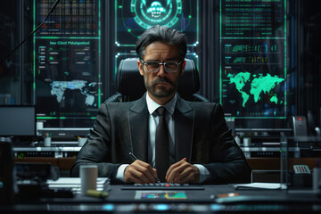 Futuristic Office Environment with a Businessman Analyzing High Tech Digital Interfaces and Global Data on Multiple Screens and Holograms