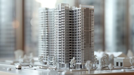 detailed architectural model of a new urban high-rise, showcasing a facade of reflective fiber cement panels intended to reduce heat island effect in the city