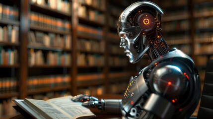 Fototapeta premium Highly Advanced Humanoid Robot Exploring Ancient Knowledge in a Grand Library Filled with Leather Bound Books and Historical Manuscripts for Research and Knowledge Acquisition