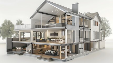 detailed cross-sectional view of a home showing how fiber cement siding integrates with smart home technology to enhance insulation and energy efficiency