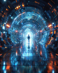 Fototapeta premium Mysterious Journey Within A Futuristic Sci Fi Tunnel With Glowing Lights And Reflections A Lonely Figure Venturing In Advanced Technological Corridor, Evoking Wonder, Exploration And Discovery