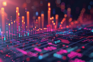 Vibrant Digital Data Visualization Artistic Abstract Representation of Data with Bright Colors, Light Effects, and Depth Futuristic Display in Technology and Information Era
