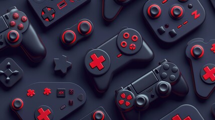 The image is a dark background with several black video game controllers with red buttons and joysticks. The controllers are arranged in a scattered pattern.