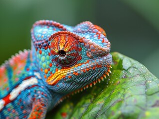 Colorful Chameleon Camouflaged on Vibrant Green Leaf in Close-up Shot