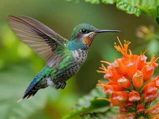 Fototapeta premium Vibrant Close-Up Shot of Hummingbird Feeding from Exotic Flower in Lush Garden