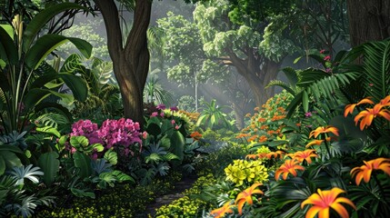 Tropical forest with blooming trees and various plants Gardening and Wildflower assortment