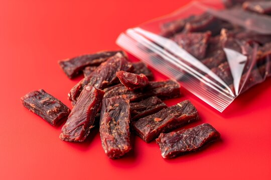 Jerky with dark pepper isolated on red background.