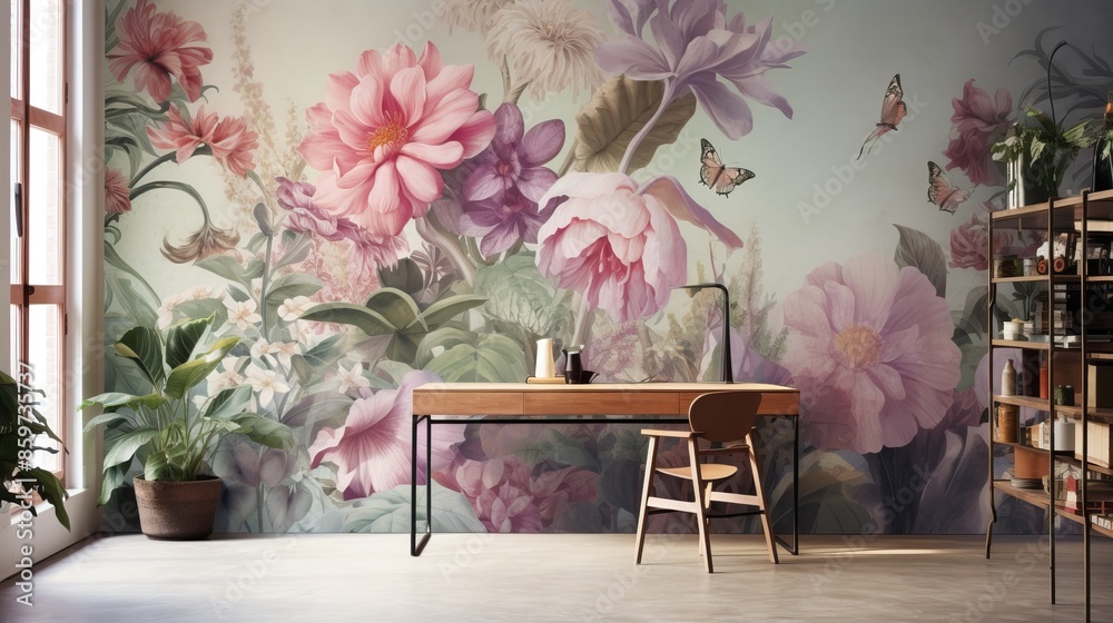 Wall mural Watercolor Botanical Garden. Colorful flower background and mural wallpaper. Summer or spring. High quality AI generated image