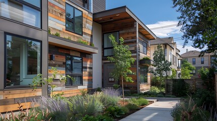 detailed view of a sustainable urban home featuring a combination of reclaimed wood and fiber cement siding, focusing on eco-friendly building practices