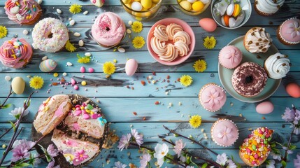 Tasty Easter treats on wooden backdrop