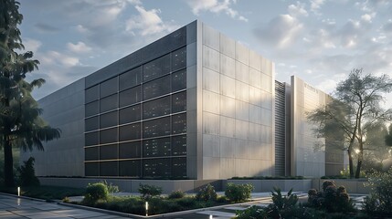 futuristic data center exterior, clad in high-tech fiber cement panels that enhance its thermal management and security features