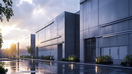 futuristic data center exterior, clad in high-tech fiber cement panels that enhance its thermal management and security features