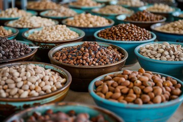 Array of nuts displayed on a table symbolizes importance healthy eating and balanced nutrition