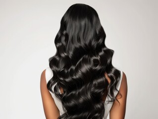 Medium shot of Realistic photograph of an extremely long hair wig, solid white background, view from the back