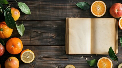Mockup of fruit and book on dark wood background horizontal orientation