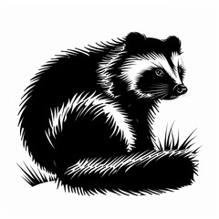 A black and white drawing of a badger on a white background