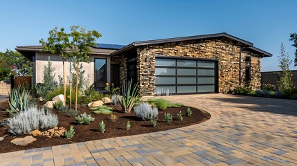 home exterior featuring siding made from composite recycled plastic and wood chips, drought-tolerant landscaping, and a driveway of permeable pavers