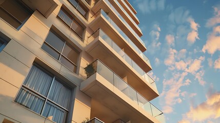 Fototapeta premium luxury residential tower with balconies clad in lightweight fiber cement panels, providing a modern look and enhanced fire safety