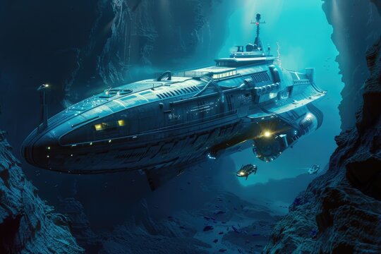 A futuristic research ship explores the ocean depths, with human scientists and AI submersibles working together. Equipped with advanced underwater exploration technology, the ship features AI