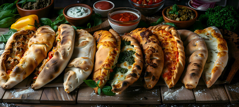 A variety of calzones with different fillings, captured with vibrant colors and detailed textures