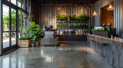 minimalist coffee house with floors made from polished concrete, counters crafted from repurposed industrial metal, and a feature wall adorned with live plants in recycled containers