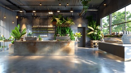 minimalist coffee house with floors made from polished concrete, counters crafted from repurposed industrial metal, and a feature wall adorned with live plants in recycled containers