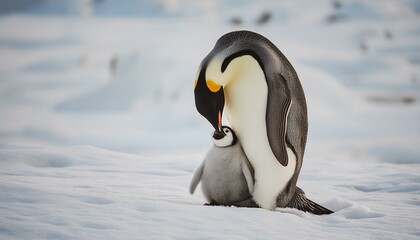 Antarctica, Antarctic Peninsula, Emperor penguin with chick on snow hill island