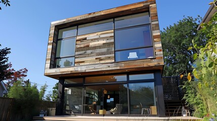 modernist home with exterior walls constructed from reclaimed wood panels, featuring large triple-glazed windows for superior insulation