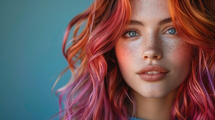 Naklejka premium A close-up portrait of a young woman with vibrant red and purple multicolored hair, striking blue eyes, and freckles, set against a blue background.