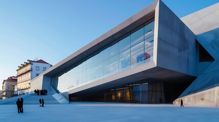Fototapeta premium modern art museum with an exterior of angular, monochrome fiber cement panels, creating a stark contrast against the traditional urban fabric