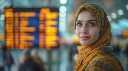 Fototapeta premium A woman wearing traditional patterned attire standing in an airport with a glowing smile and departure boards visible in the blurred background.