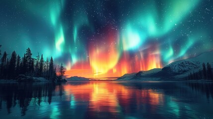 Fototapeta premium This image captures the dazzling Northern Lights casting a vibrant glow over a still lake, framed by trees and mountains under a starry night sky, creating a serene scene.