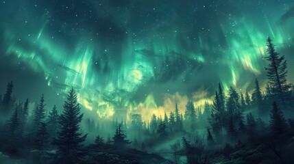 Fototapeta premium This image showcases the green hues of the Northern Lights illuminating a fog enshrouded forest, with silhouettes of tall trees under a star-filled sky creating a mystical atmosphere.