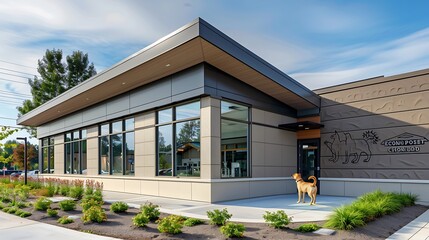 modern veterinary clinic exterior constructed with pet-friendly motifs embossed into fiber cement siding