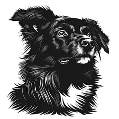 A black and white drawing of a Australian Shepherd dog