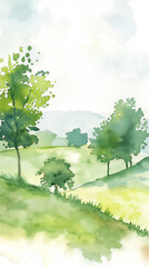 Fototapeta premium Watercolor serene landscape with trees and green fields.
