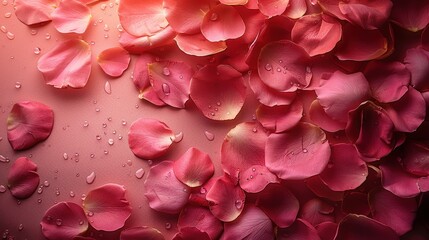 Obraz premium An arrangement of dark pink rose petals adorned with water droplets on a dark pink background, conveying passion and affection in a visually rich and evocative floral scene.