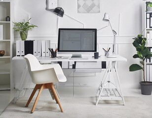 Photo showing a neat and beautifully arranged room. In the middle of the room there is a table with a laptop, generative ai