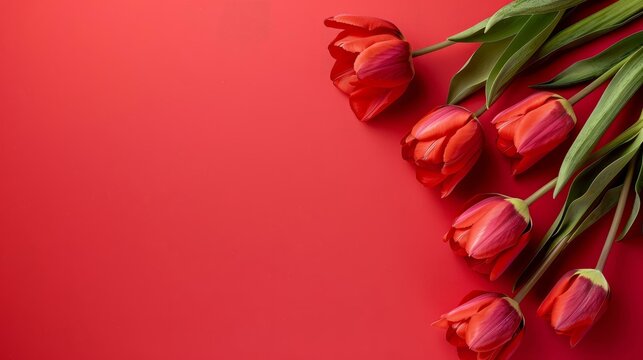 Vibrant red tulips on a matching red background. Minimalistic composition for spring promotions, romantic themes, or eco-friendly campaigns
