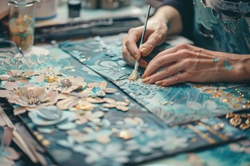 Fototapeta premium A detailed scrapbook page being assembled, highlighting the creativity involved in scrapbooking