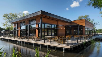 Fototapeta premium riverfront caf?(C) featuring weather-resistant fiber cement siding with a wood grain finish, blending functionality with an organic aesthetic